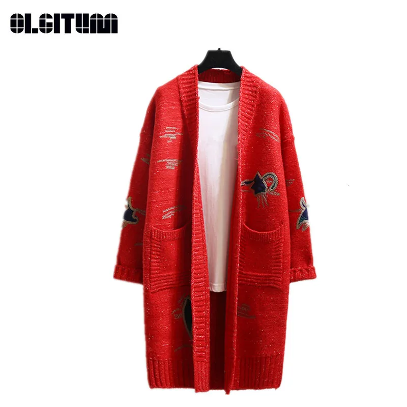

Autumn Women's Thick Sweater Embroidery Cardigan for Female Winter Loose Long Sweater With Pockets Girls Sweater SW859