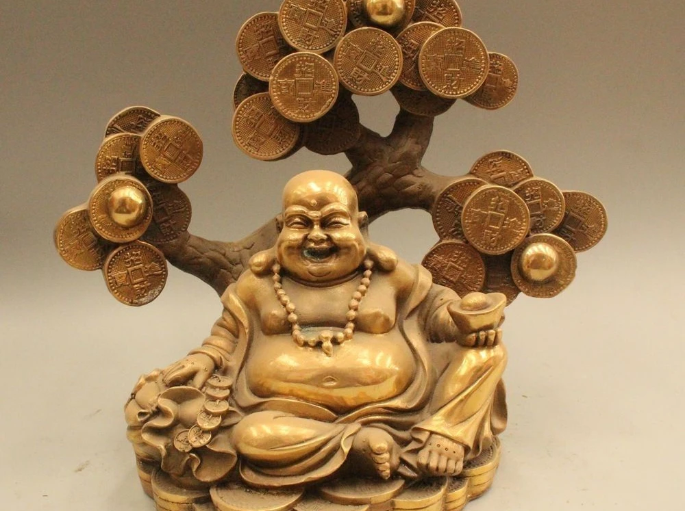 

9"Chinese Fengshui Brass Happy Laugh Maitreya Buddha With Money Tree Statue