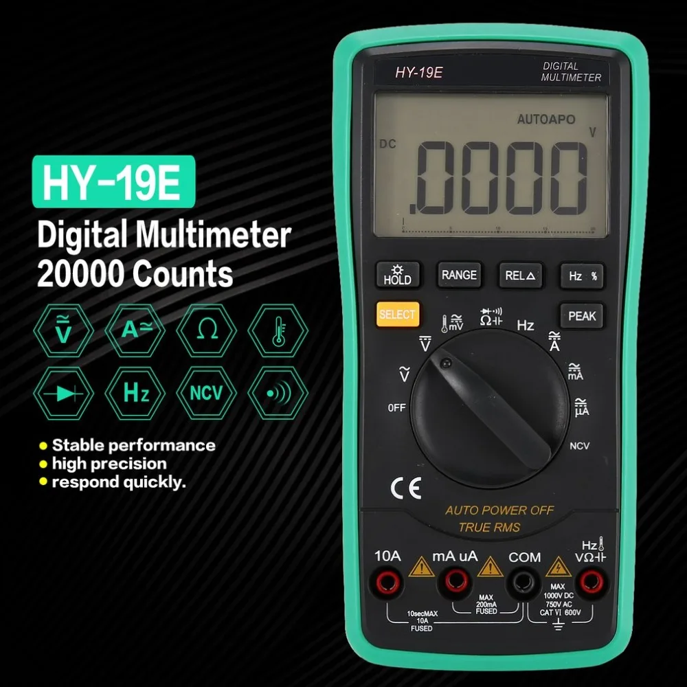 

Digital Multimeter HY-19E DC/AC Voltage Current Meter Handheld Ammeter Ohm Diode Capacitance Tester 5999 Counts Multitester