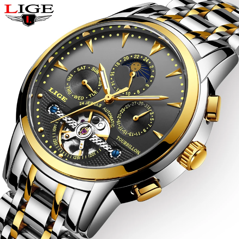 2018 lige new men's luxury brand mechanical tourbillon steel watch moon waterproof men's watch business leisure clock relogio