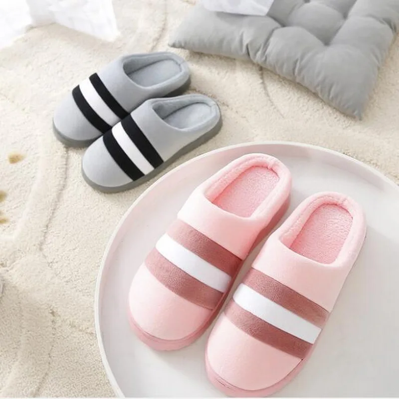

Women thick-splicing striped Cotton Home Slippers Men Winter Warm Plush Couple Flat Shoes Soft House Bedroom Slippers