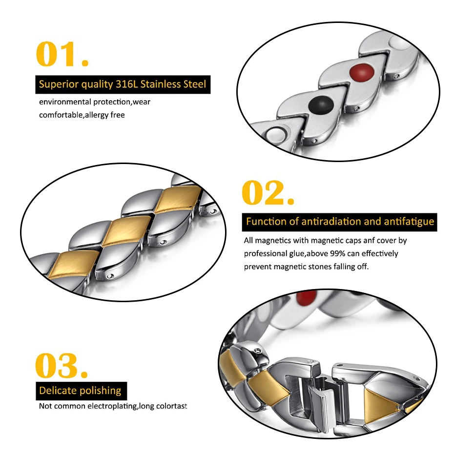 RainSo Популярные магнитные браслеты для здоровья из нержавеющей стали для женщин, браслеты для магнитной терапии для артрита, регулируемый браслет