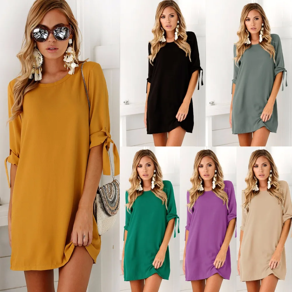 

2019 fashionable women's shoes clothing Casual short sleeve o-neck yellow purple green Dresses for women loose plus Size long