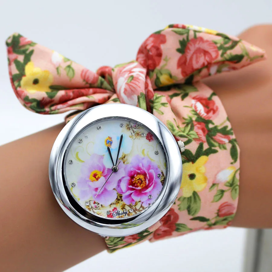 Shsby дизайн дамы цветок ткань наручные часы Мода женское платье часы Высокое качество тканевые часы милые девушки браслет часы - Цвет: pink  watch
