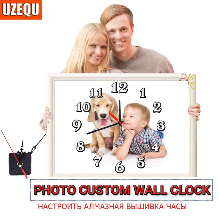 

UzeQu Private Custom 5D Diamond Painting Cross Stitch Wall Clock Photo Custom Make Your Own Watch Diamond Embroidery Full Round