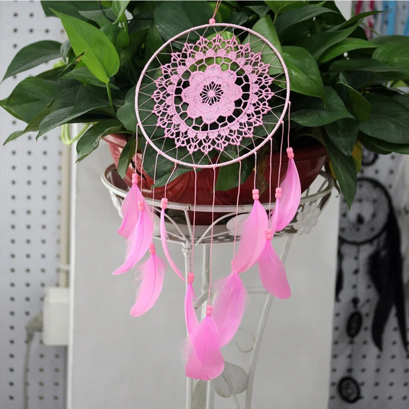 Flowers Dream Catcher Pink Girl High Quality Feathers Wind Chimes Hanging Dreamcatcher For Home Wedding Decoration Home Decor