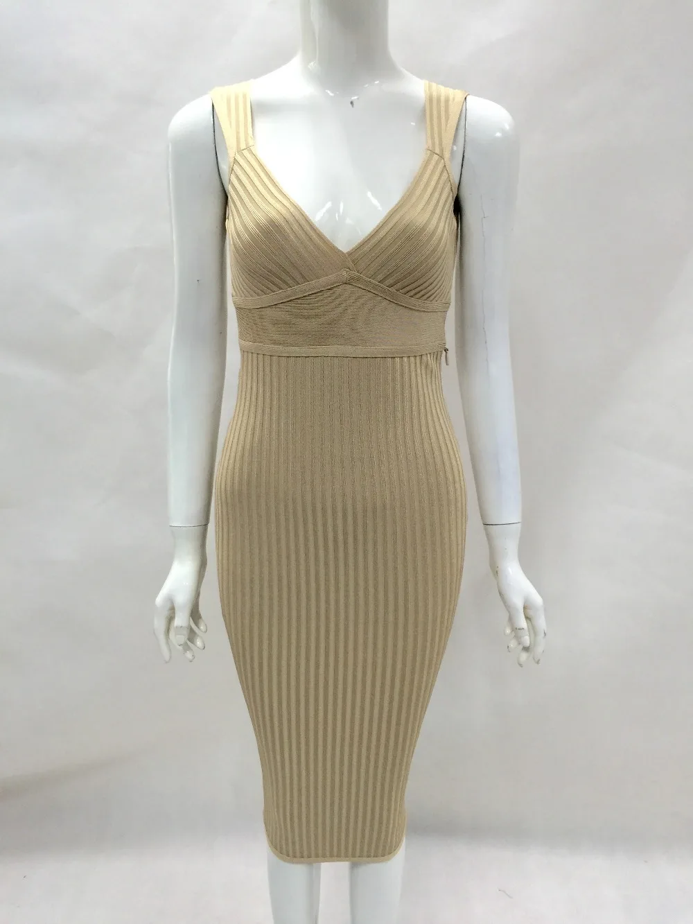 Women beige Knee Length Sleeveless Spaghetti Strap v neck backless Bandage Summer 2018 vestidos 