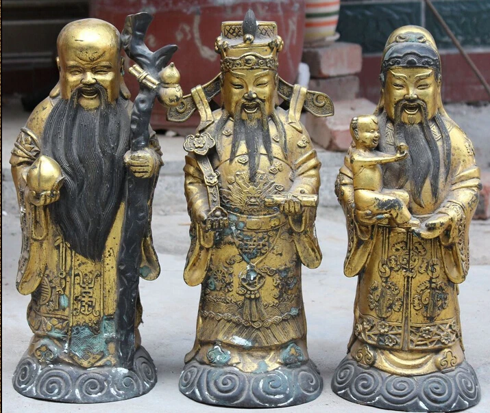 

005194 Old China Bronze Gilt Stand Longevity God Fu Lu Shou Peach Ru Yi Kid Statue Set
