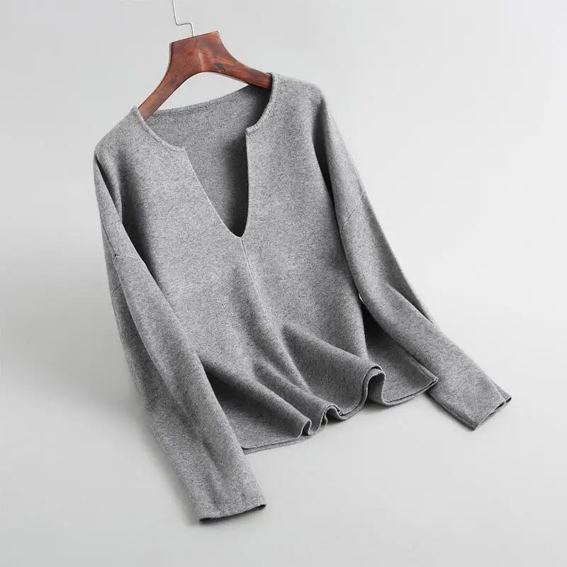 Весенний женский свитер, повседневный Однотонный свитер с v-образным вырезом и длинным рукавом - Цвет: Серый