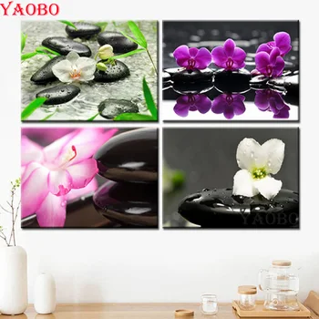 

4 PCS Square/round Diamond Embroidery Black Zen Stone orchid Mosaic Cross Stitch diy 5D Diamond Painting Rhinestone pictures