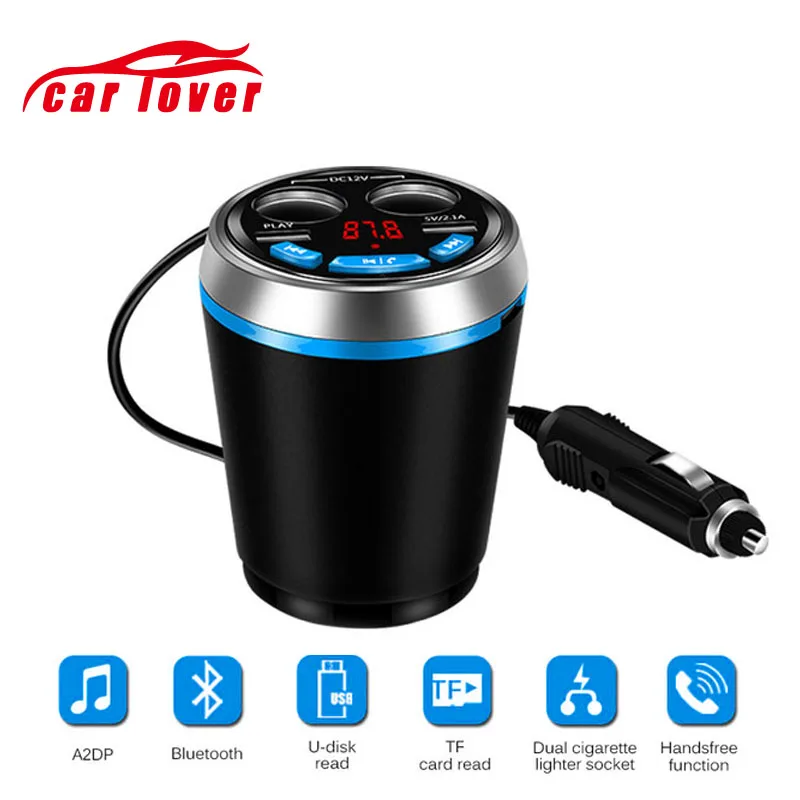 Bluetooth Auto FM Transmitter Car Charger MP3 Player Handsfree Car Kit Cup Holder Cigarette Lighter 2 USB Power Adapter Splitter