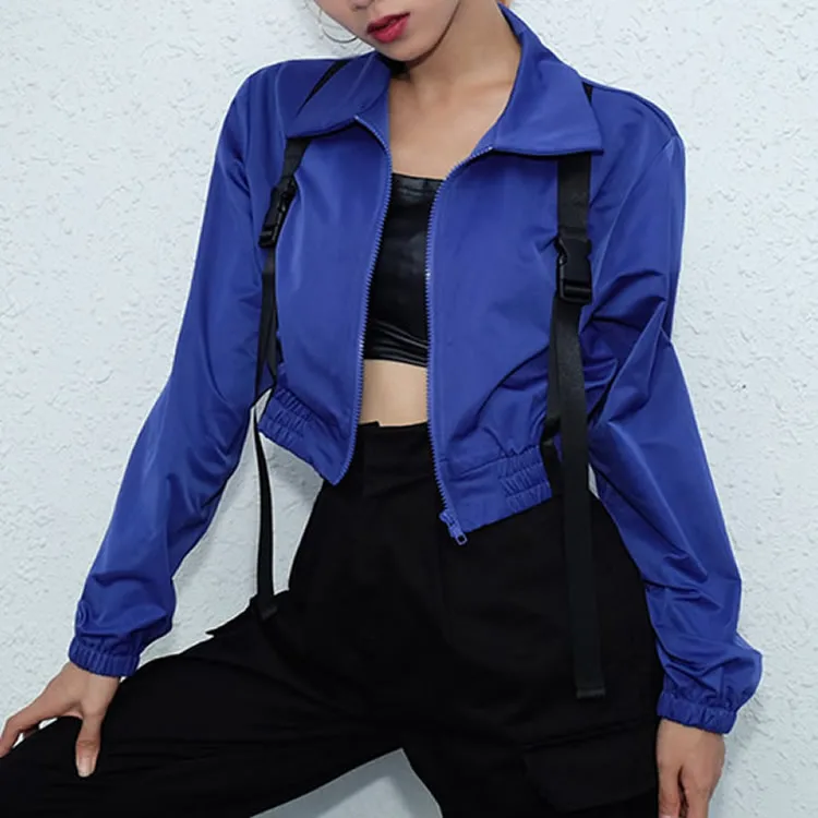 

Fashion 2019 Cropped Jackets Front Zipper Buckle Blue Color Women Long Sleeve Stretch Waist Autumn Basic Short Windbreaker Coats