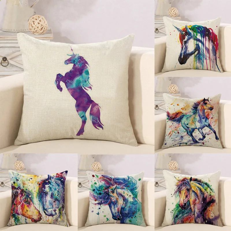 Unicorn Oil Painting Hand-painted Cotton/linen Blend Sofa Pillowcase Car Seat Office Chair Cushion Cover