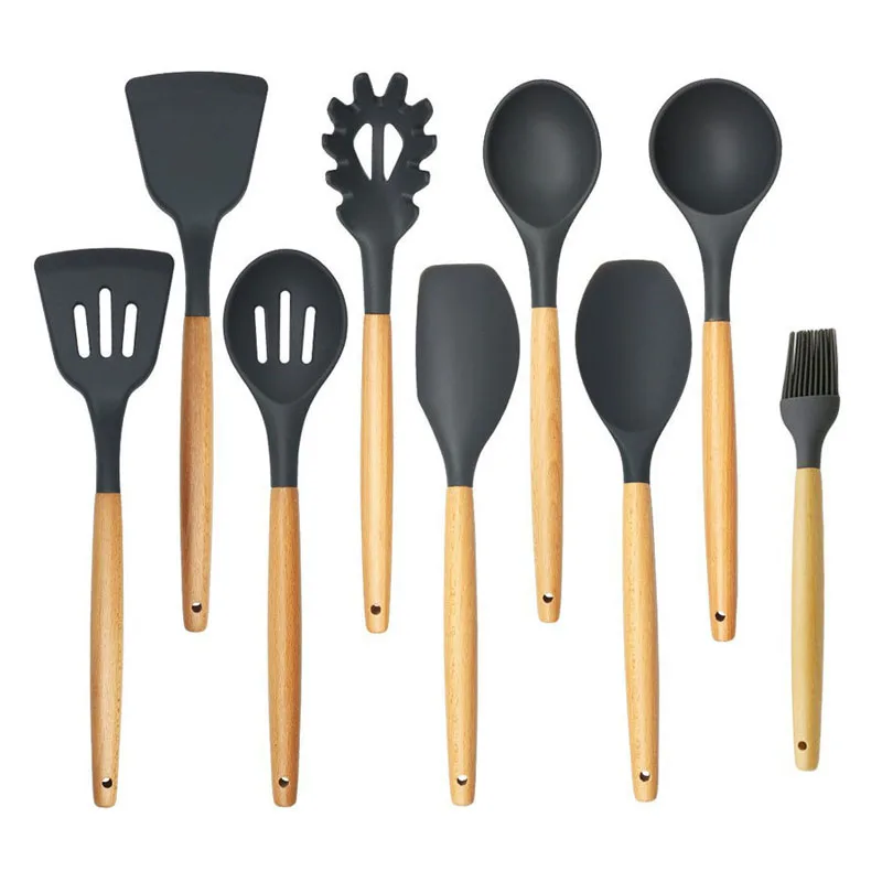 UPORS Silicone Cooking Tool Set with Wooden Handle Kitchen Accessories Soup Ladle Spoon Slotted Shovel Home Kitchen Utensils Set