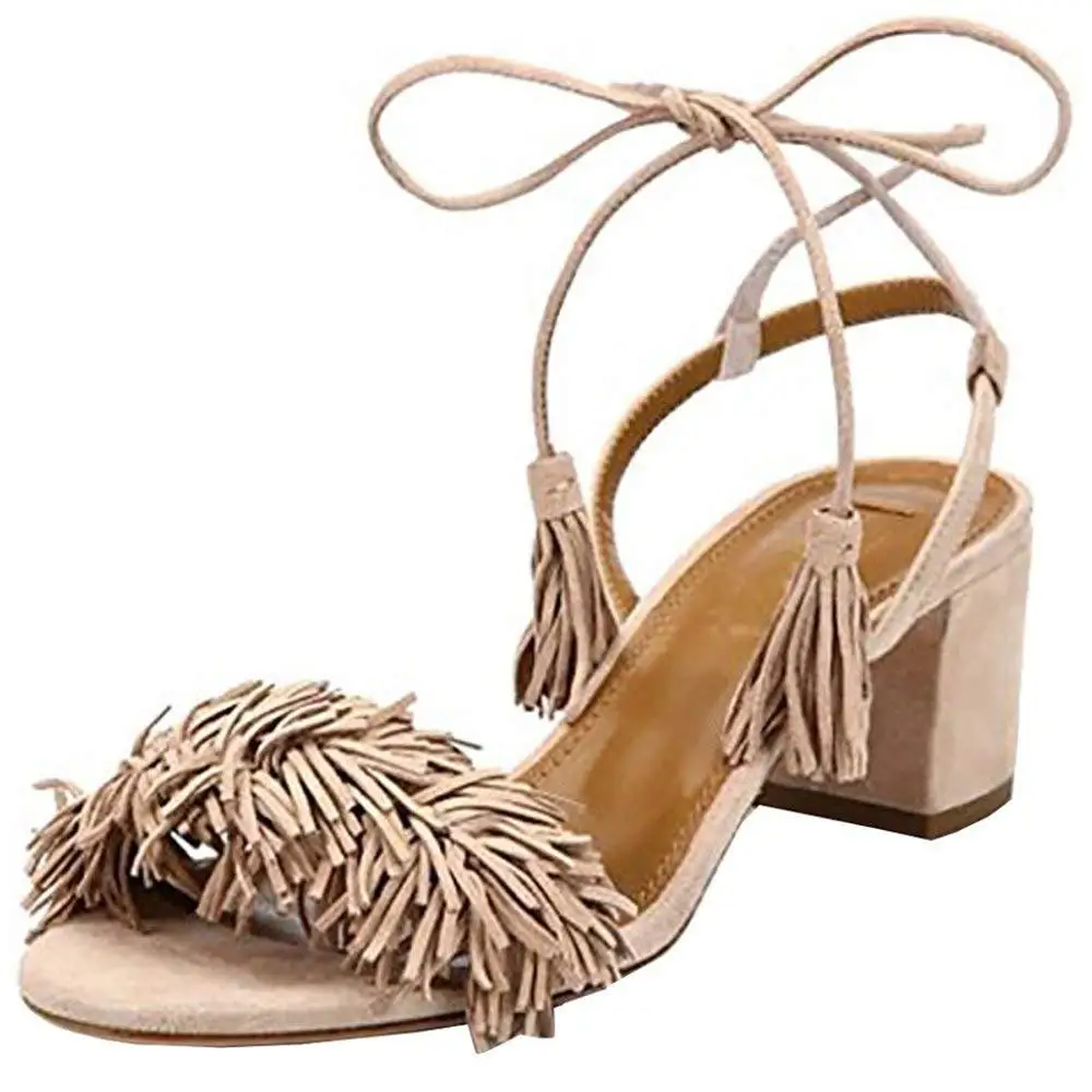 

Lovirs Womens Comfort Open Toe Ankle Ties Lace Up Chunky Heel Fringed Suede Sandals Dress Causal Shoes 5cm