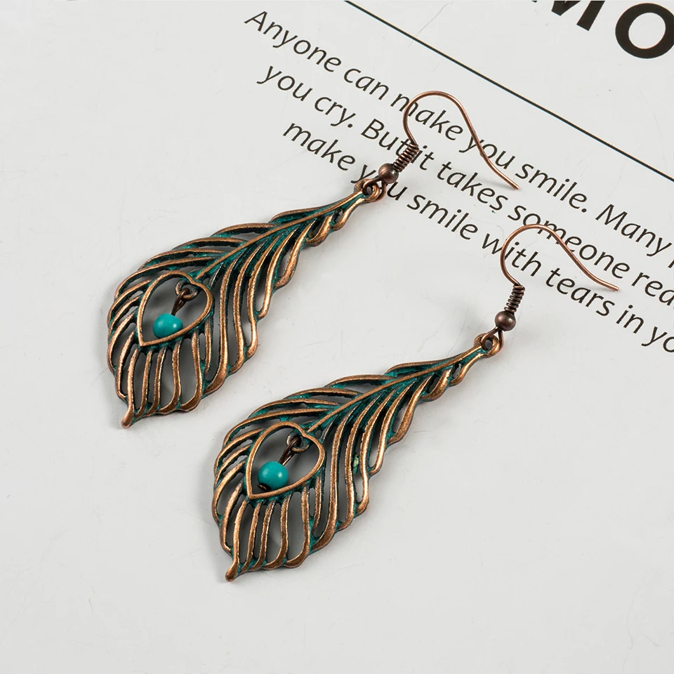 

New Vintage Alloy Feather Pendant Earring Boho Ethnic Metal Hook Dangle Earrings For Women Fashion Jewelry Women's accessories