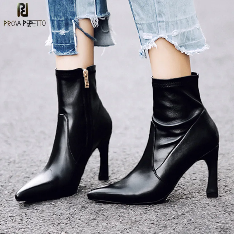 

Prova Perfetto New Spring Autumn Winter Stiletto Thin High Heels Womens Boots Pointed Toe Real Leather Zipper Femme Ankle Boots