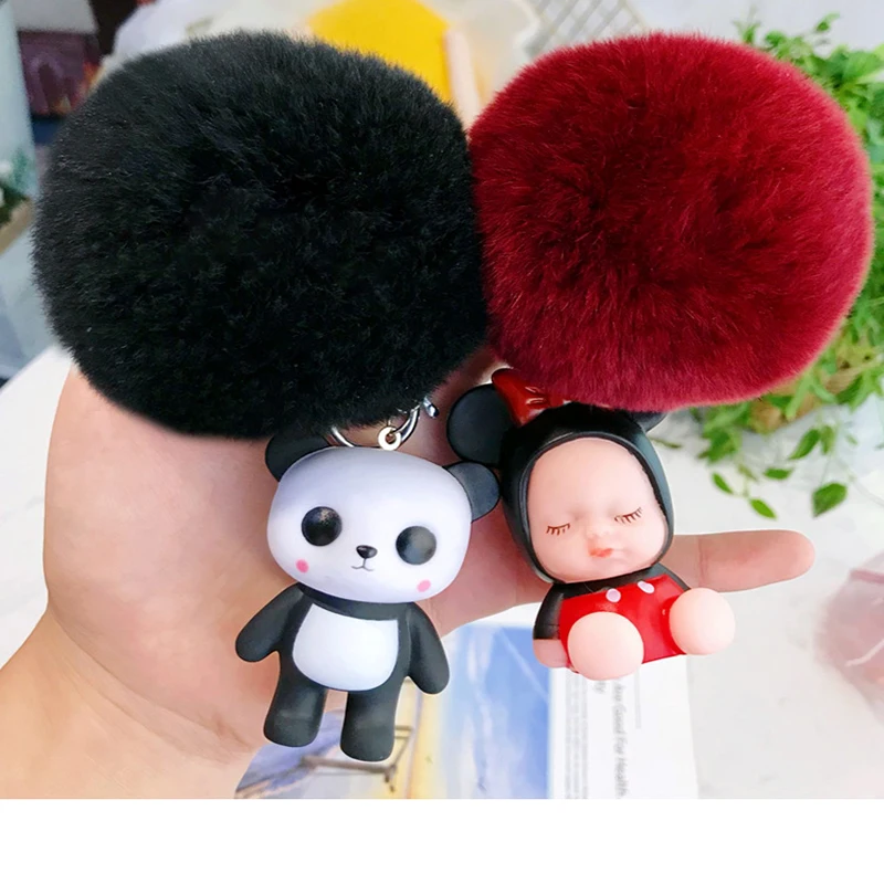 

cute Panda Baby Pom Pom keychain for lover christmas gift women key chain holder 3D keyring fashion bag souvenir pendant