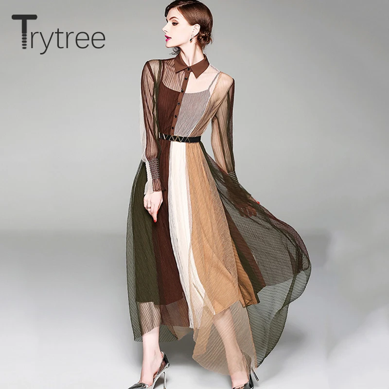 

Trytree Summer Casual Sashes Shirt Dress Women Patchwork Multicolor Mesh Double-layers Hem irregular dresses Office Lady Dress