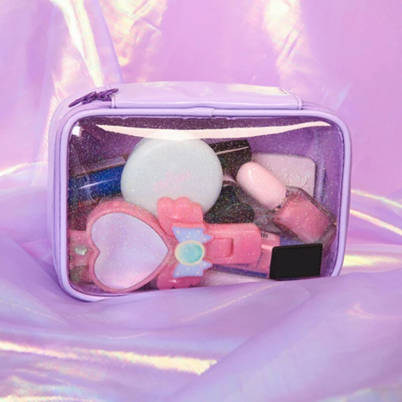 

Pink Purple Square Cosmetic storage box Bag Transparent Teenage Large Capacity Storage Box Stationery Box Cosmetic storage box