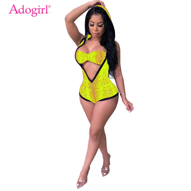 

Adogirl Snakeskin Print Women Sexy Two Piece Set Deep V Neck Sleeveless Hooded Bodysuit + Bra Night Club Outfits Bathing Suits