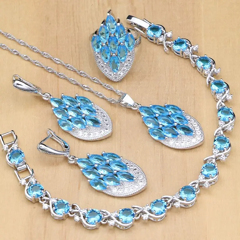 Sky Blue Zircon Jewelry White Crystal Women 925 Silver Bridal Jewelry
