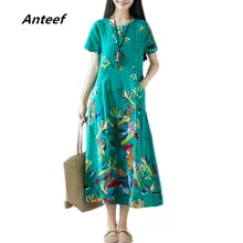 cotton linen plus size vintage floral women casual loose long summer dress elegant vestidos clothes ladies dresses sundress