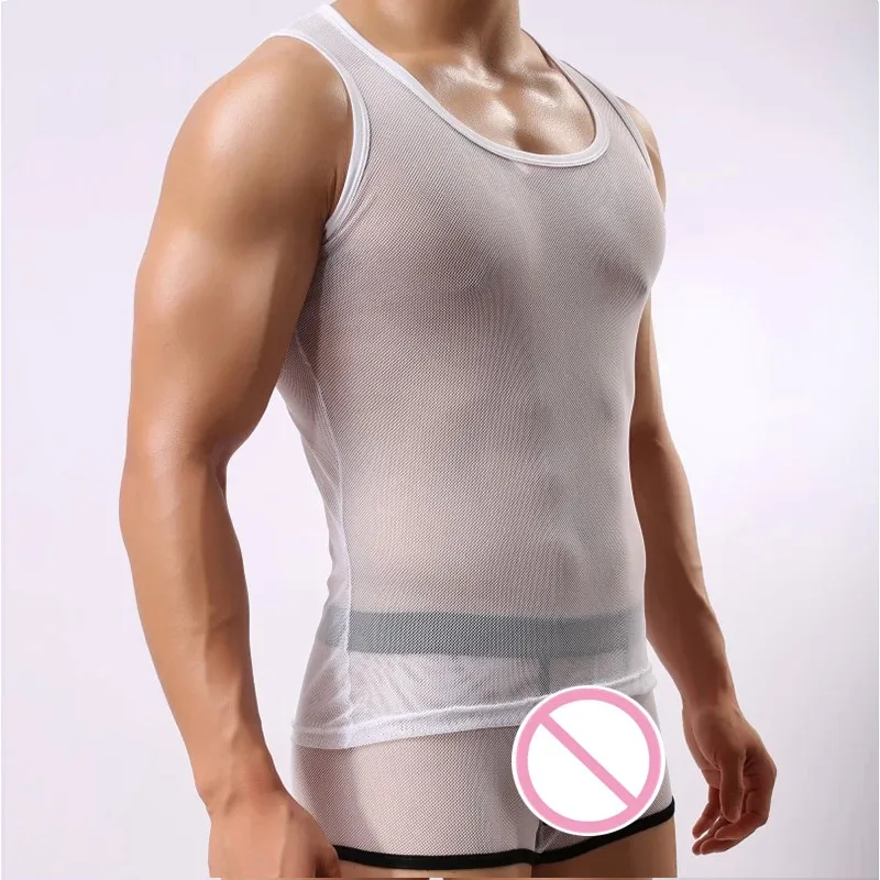 

New Fashion Men Transparent Mesh Tank Tops Male Sexy Breathable Fabric Tops Tees Casual Sexy Sleeveless Tight-fitting Vest