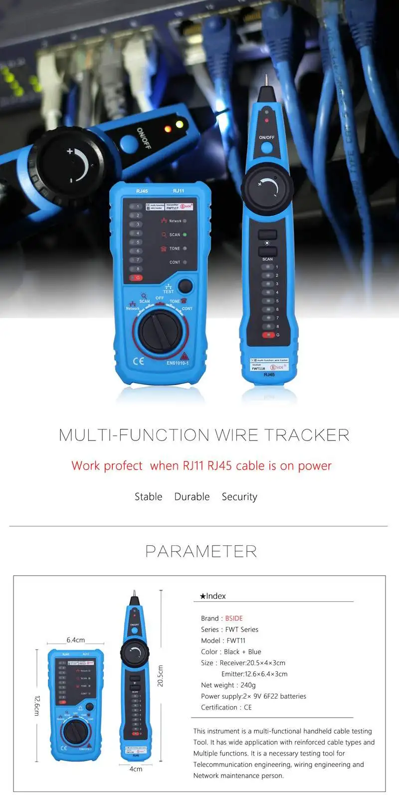 BSIDE FWT11 RJ11 RJ45 Wire Tracker Tracer Telephone Ethernet LAN Network Cable Continuity Tester Detector