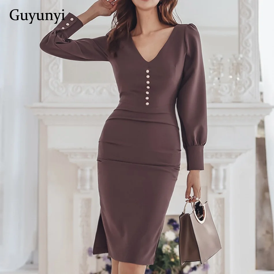 

2019 Spring Professional Office Lady Dress Confident Temperament Bubble Sleeve V-neck Solid Color Commuter Slim Pencil Dress