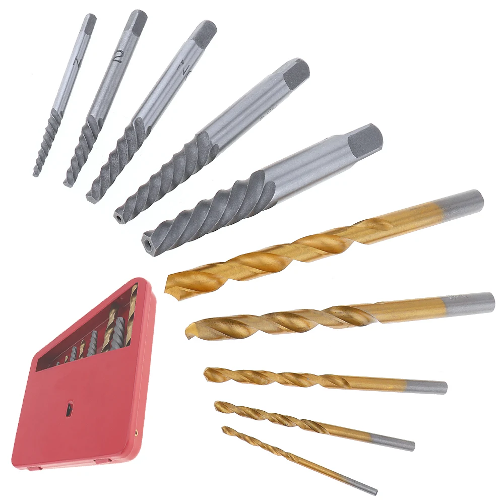 

10pcs/set CR-V Metric & Imperial Screw Extractor and Titanium Twist Drill Set with Metal Iron Box for Bolt Removal Tool