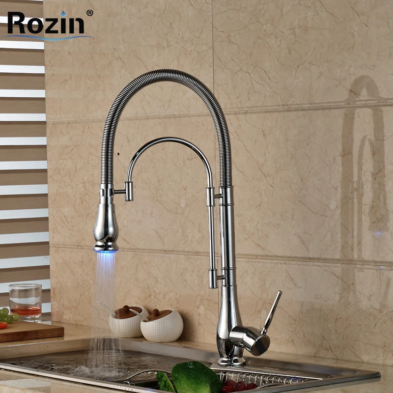 

LED Color Chrome Finished Kitchen Faucet Single Handle with Bracket Bar LED Light Kichen Mixer Taps Deck Mounted