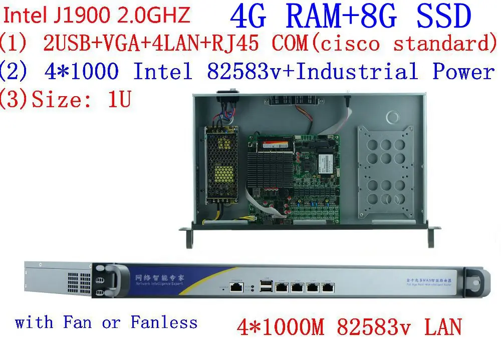 4G Оперативная память 8 Гб на SSD оперативная J1900 2,0 ГГц pfsense брандмауэру маршрутизатор сети 1U 4 Ядра Безопасности Рабочего Стола Управление компьютера 4*1000 M LAN