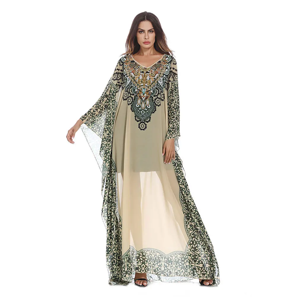 Винтажная шифоновая абайя с принтом, рукав летучая мышь, женское свободное сексуальное длинное платье макси, прозрачное рамаданское платье VKDR1256