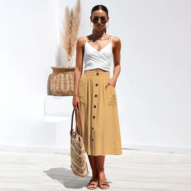 

Sexy Pockets Button Solid Women Skirts Long A-Line High Waist Skirt For Female 2019 Summer Fashion Beach Party Clothes