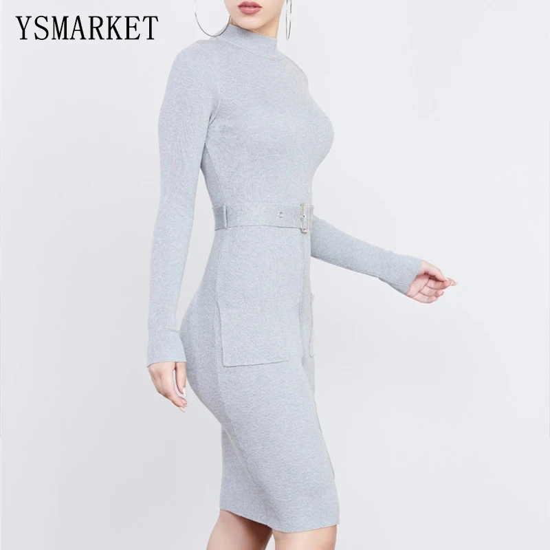 Beste Elegant grijs party vrouwen midi dress lange mouw zwart effen goud Rits Geribbelde Mode Split Club Jurken Met Sash Riem E701