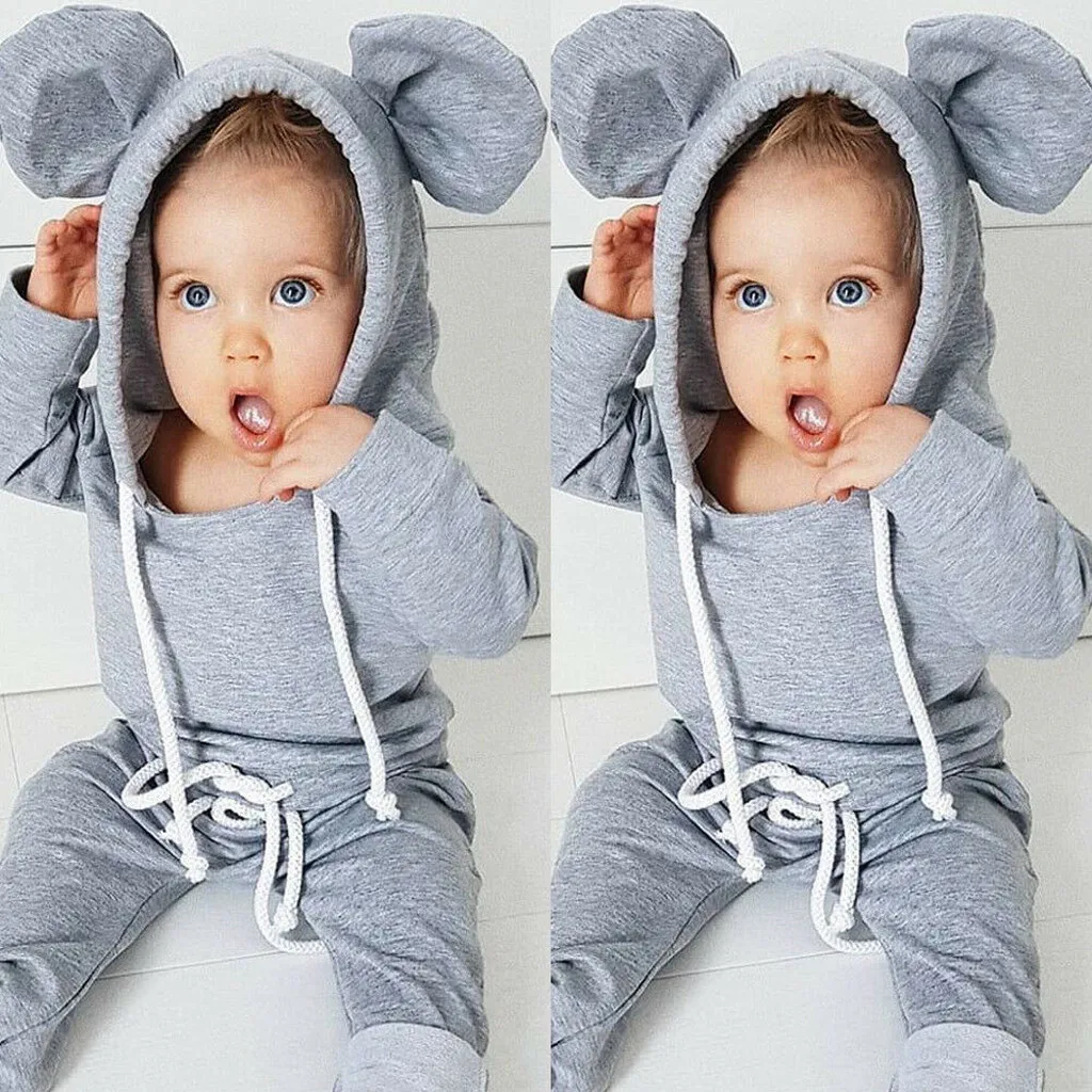 

Autumn Winter Toddler Kids Baby Boys Girls Cartoon Ear Clothes Hooded Tops Pants Outfits Sets Cute Infant Keep Warm Suit