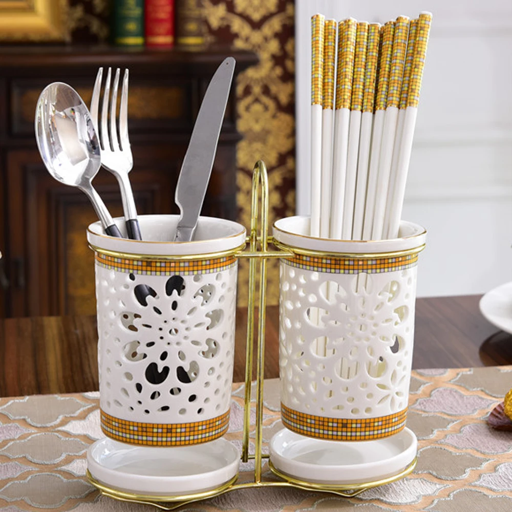  Ceramic chopsticks tube household double tube drain chopsticks cage kitchen chopsticks knife fork s - 32922823015