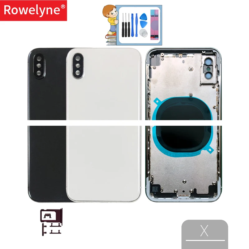 Comprar Carcasa trasera para iPhone X cubierta trasera batería puerta marco medio chasis con vidrio + bandeja de botones laterales reemplazo blanco negro