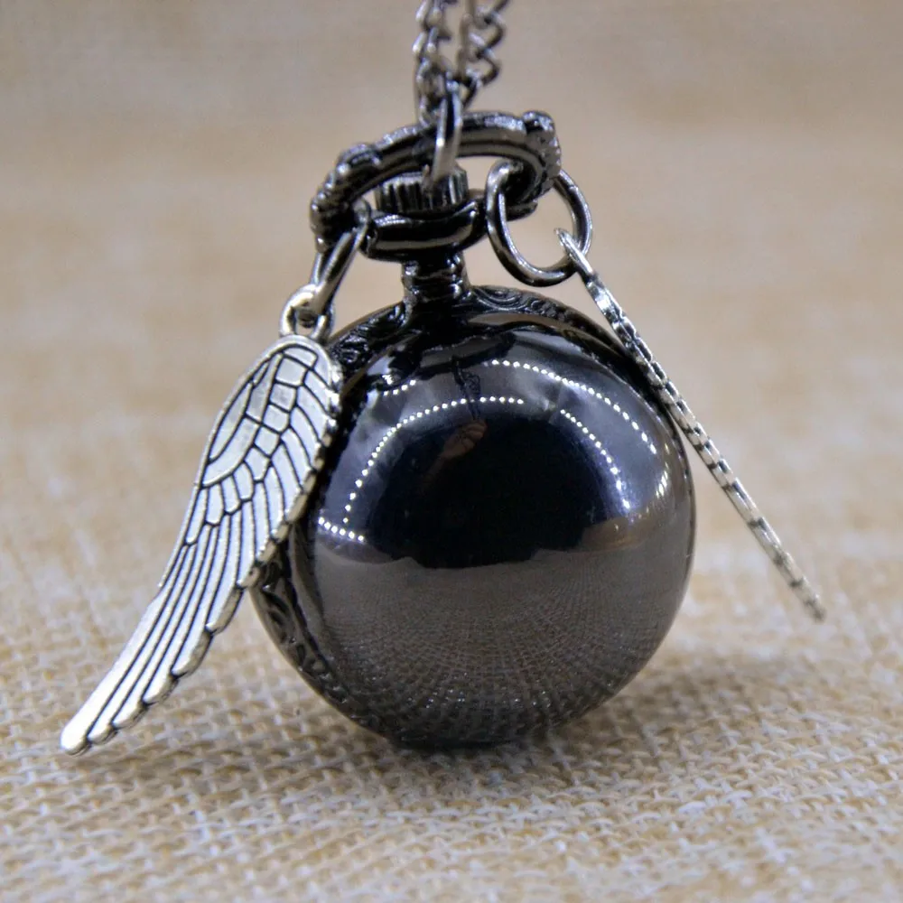 Vintage Black Smooth Harry Potter Ball Silver Wings Quartz Pocket Watch Analog Pendant Necklace Mens Womens Watch Gifts Chain