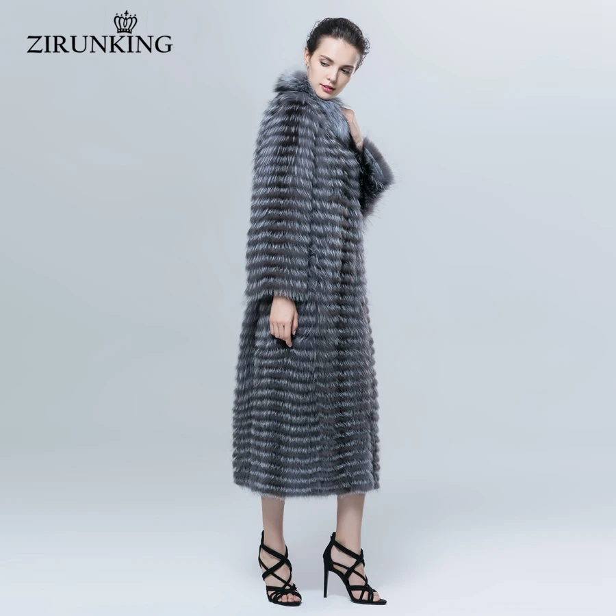 ZIRUNKING осенне-зимнее роскошное длинное стильное пальто из натурального меха серебристой лисы, меховой воротник натурального цвета, верхняя одежда в полоску, ZCW-18YL