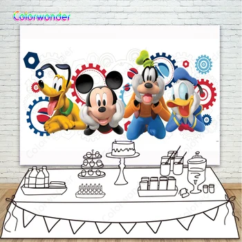

Club House Backdrops for Photography White Vinyl Photo Background Mickey Mouse Donald Duck Backdrop Happy 2nd Birthday for Kids