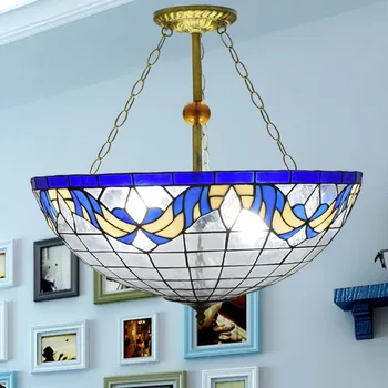 

blue Mediterranean Stained Glass Suspended Luminaire E27 110-240V Chain Pendant lights for Home Parlor Dining bed Room 22 inches