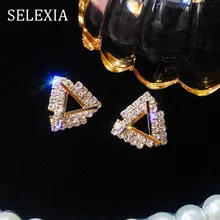 SELEXIA 925 Silver Needle Triangle Crystal Earrings Temperament and Personality aretes stud earrings earrings for women retro silver harajuku sexuality personality earrings spoon fork triangle ruler scissors earrings