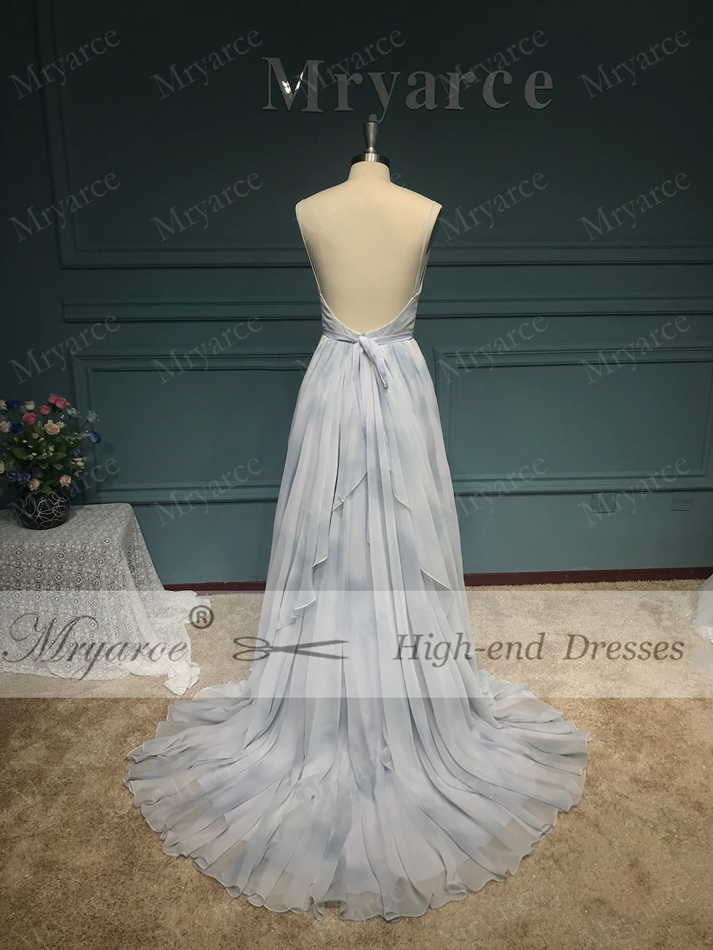 Mryarce 2019 Limited Gray and Blue Printed Silk Chiffon Wedding Dress Hand-painted Fancy Open Back Bridal Gowns  (1)