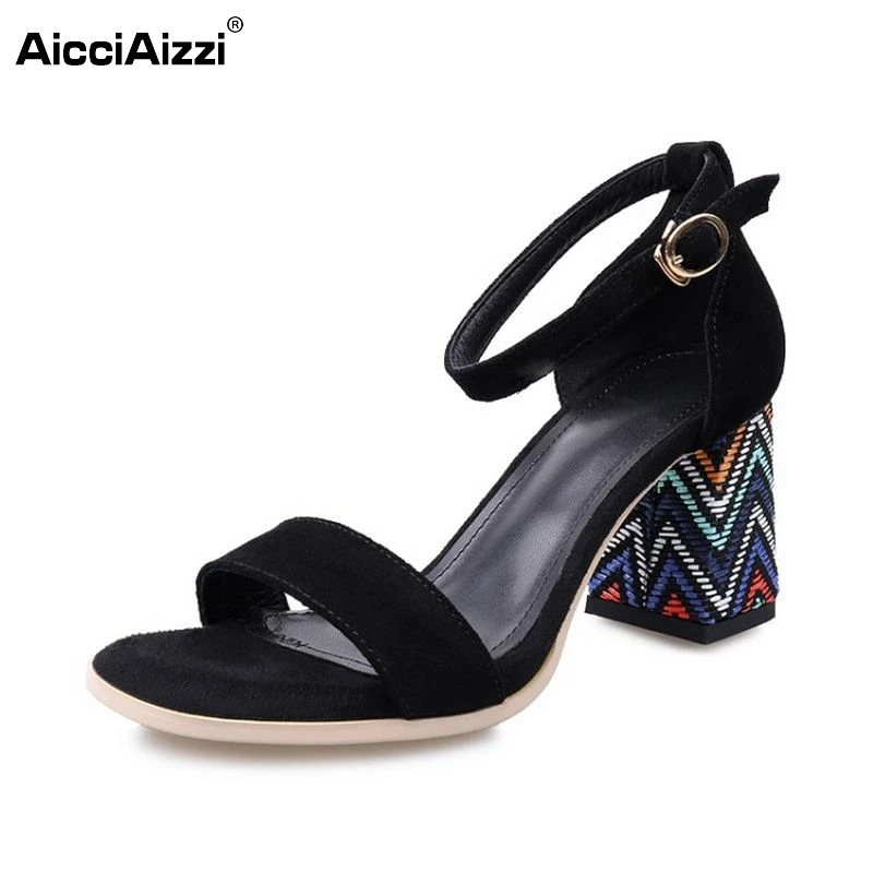 

AicciAizzi Sexy Office Lady Bohemia Real Leather High Heel Sandals Ankle Strap Beading Thick Heel Sandals Summer Shoe Size 33-40