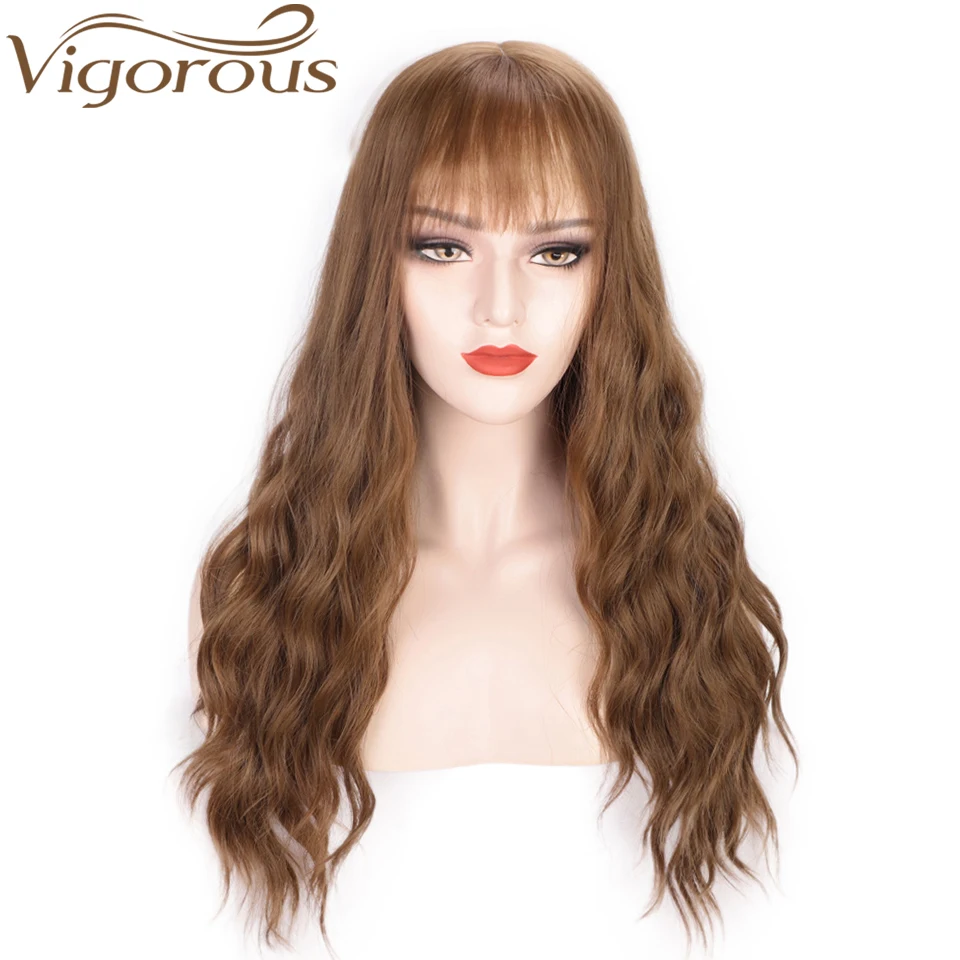 

Vigorous 26" Long Water Wave Mix Brown Womens Wigs with Bangs Heat Resistant Synthetic Wigs for Women African American