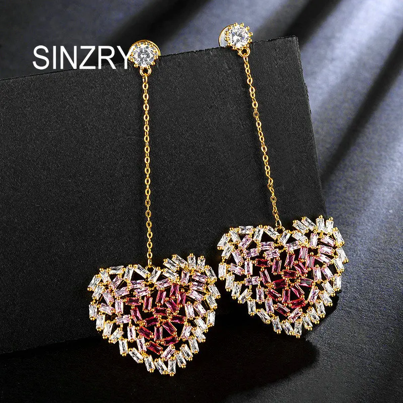 SINZRY 2018 cubic zirconia hollow pink heart dangle earrings trendy bright Korean stylish earrings for women SINZRY 2018 cubic zirconia hollow pink heart dangle earrings trendy bright Korean stylish earrings for women