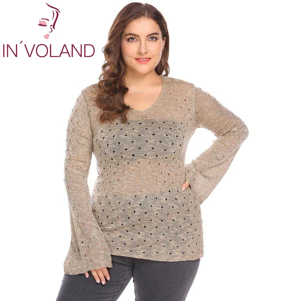 IN'VOLAND Large Size XL-5XL Women Sweater Tops Spring Autumn Flare Sleeve Slim Fit Hole Hollow Out Casual Big Pullover Plus Size IN'VOLAND Large Size XL-5XL Women Sweater Tops Spring Autumn Flare Sleeve Slim Fit Hole Hollow Out Casual Big Pullover Plus Size