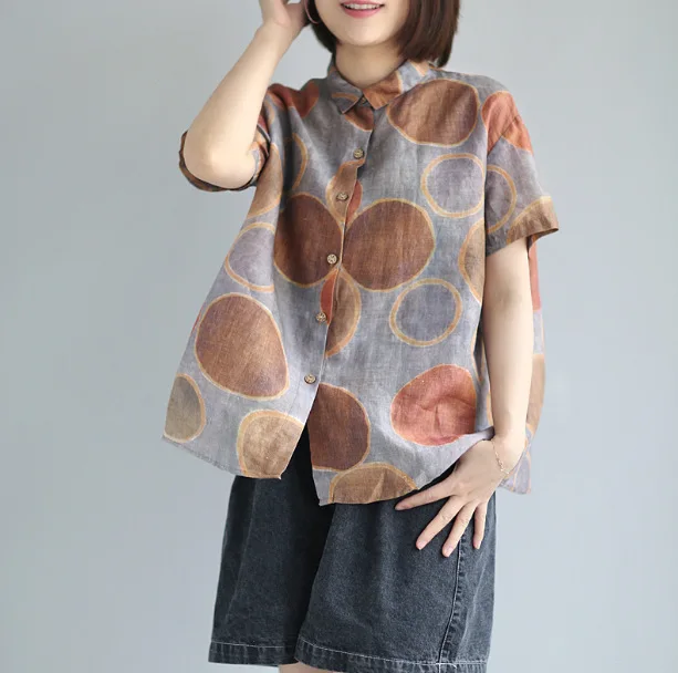 

Summer Vintage Retro Polka Dot Printed Linen Shirt Woman Casual Short Sleeve Breathable Literary Mori Girls Blouses Mujer 2019